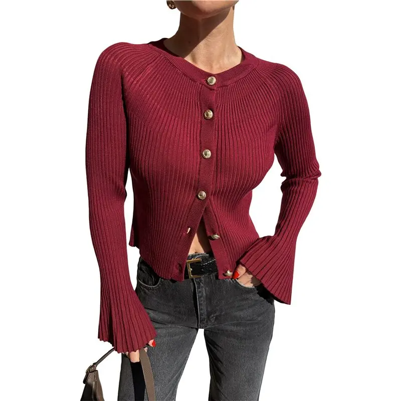 

A19Q-Women Trendy Crew Neck Ribbed Knit Crop Bell Long Sleeve Open Front Button Down Sweater Shirt Fall Outfit