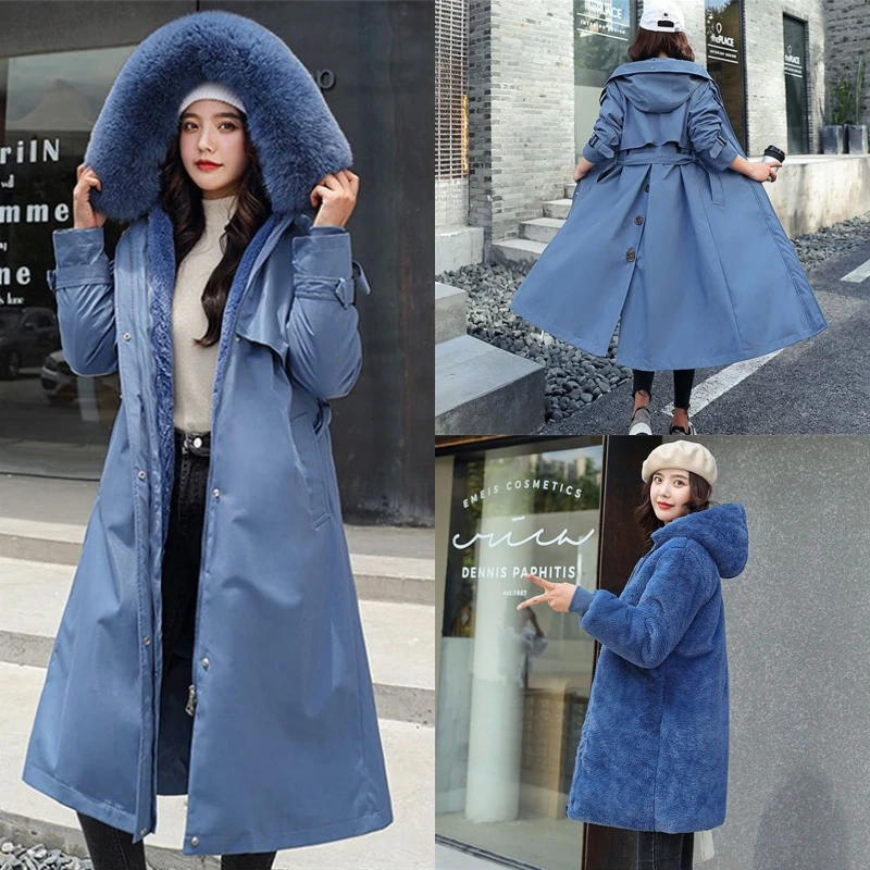 2024 Tops Women Winter Jacket Hooded X-Long Thick Faux Fur Filled Parka Female Detachable Liner Jacket Cotton-padded Coats M-5XL