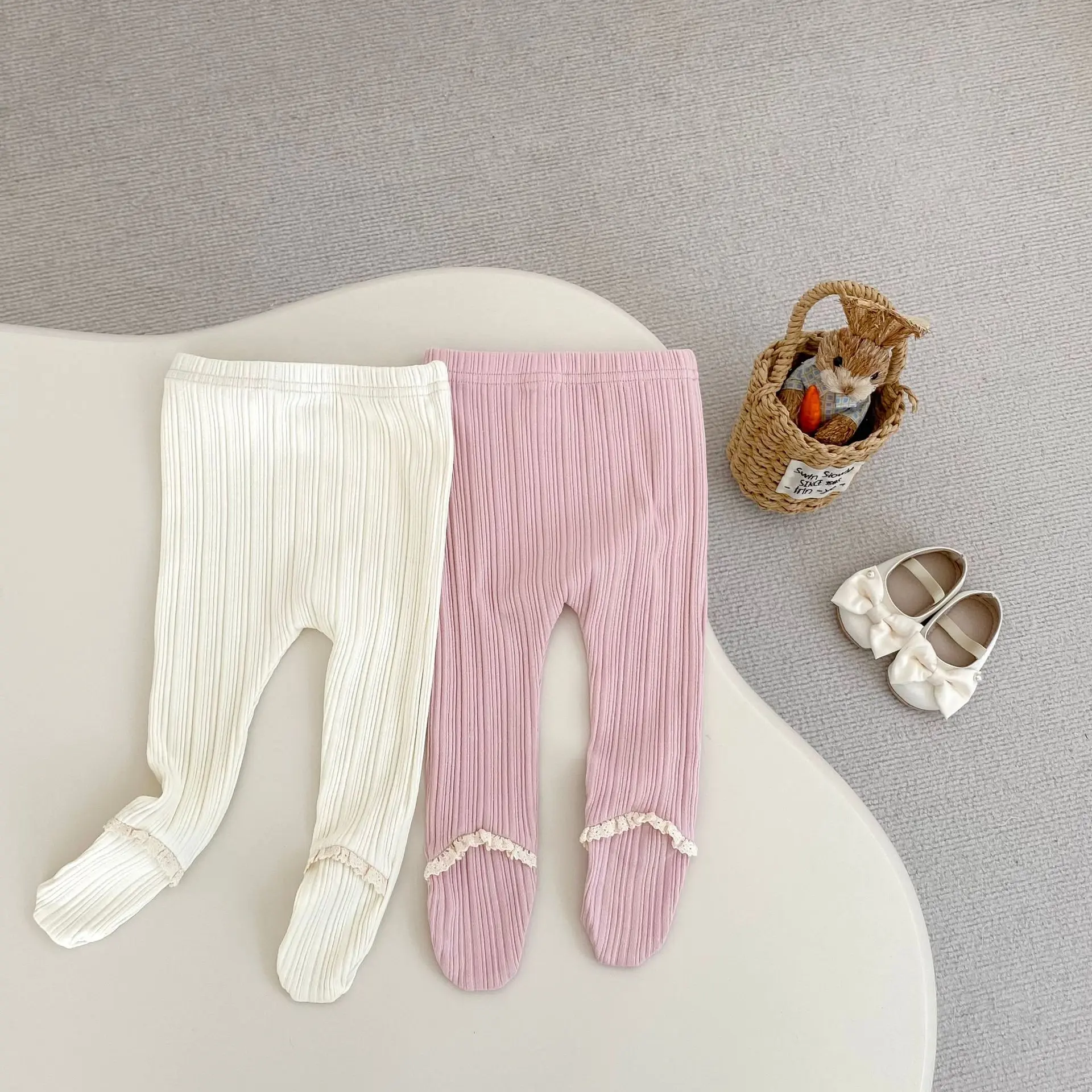 ​​2025 Fall Baby Girls Tights Solid Color Lace Trim Ribbed Knit Leggings Soft Stretch 0-24 Months​