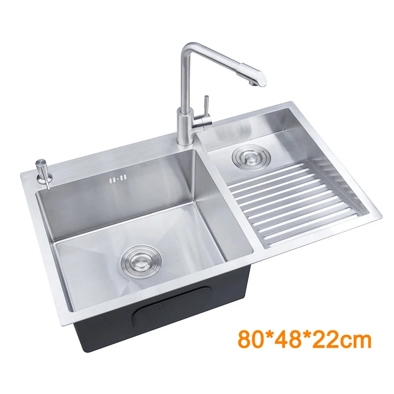 

304 Stainless Steel Manual Kitchen Sink Single Bowl Above Counter Or Undermount Sink Set WitWashboard Dispensor Dainer 80x48cm