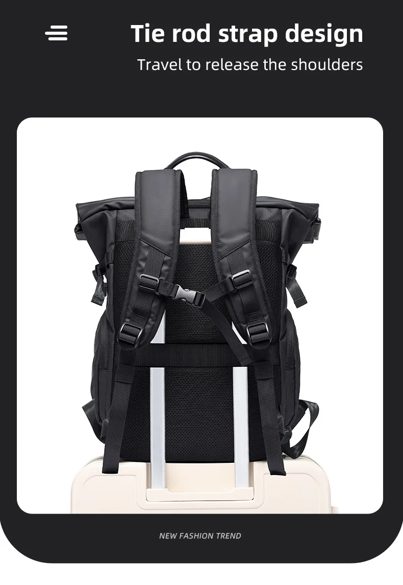 TANGCOOL Gentleman Roll-Top-Rucksack, großes Fassungsvermögen, leicht, wasserdicht, mit mehreren Fächern, für Geschäftsreisen, Laptop-Tasche – Detail 12