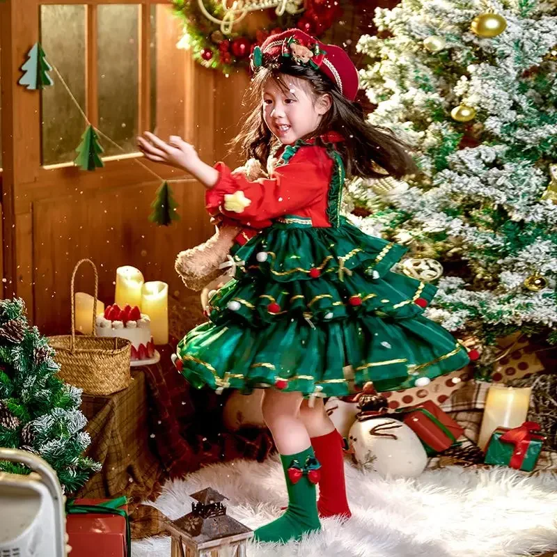 Winter Grenn Lolita Kawaii Girl Dress Red beret Christmas Style Green Long Sleeve Bow Lolita Dress Children Princess Costume