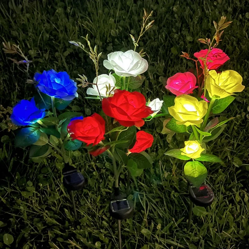 3/5 Heads Solar Lights Outdoor Decorative Solar Garden Lights Rose Flower Lawn Lamp for Yard Patio Garden Decor
