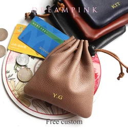 Custom Letters Drawstring Storage Bag Luxury Genuine Leather String Coin Purse Jewelry Lipstick Pouch Custom Logo Money Pocket