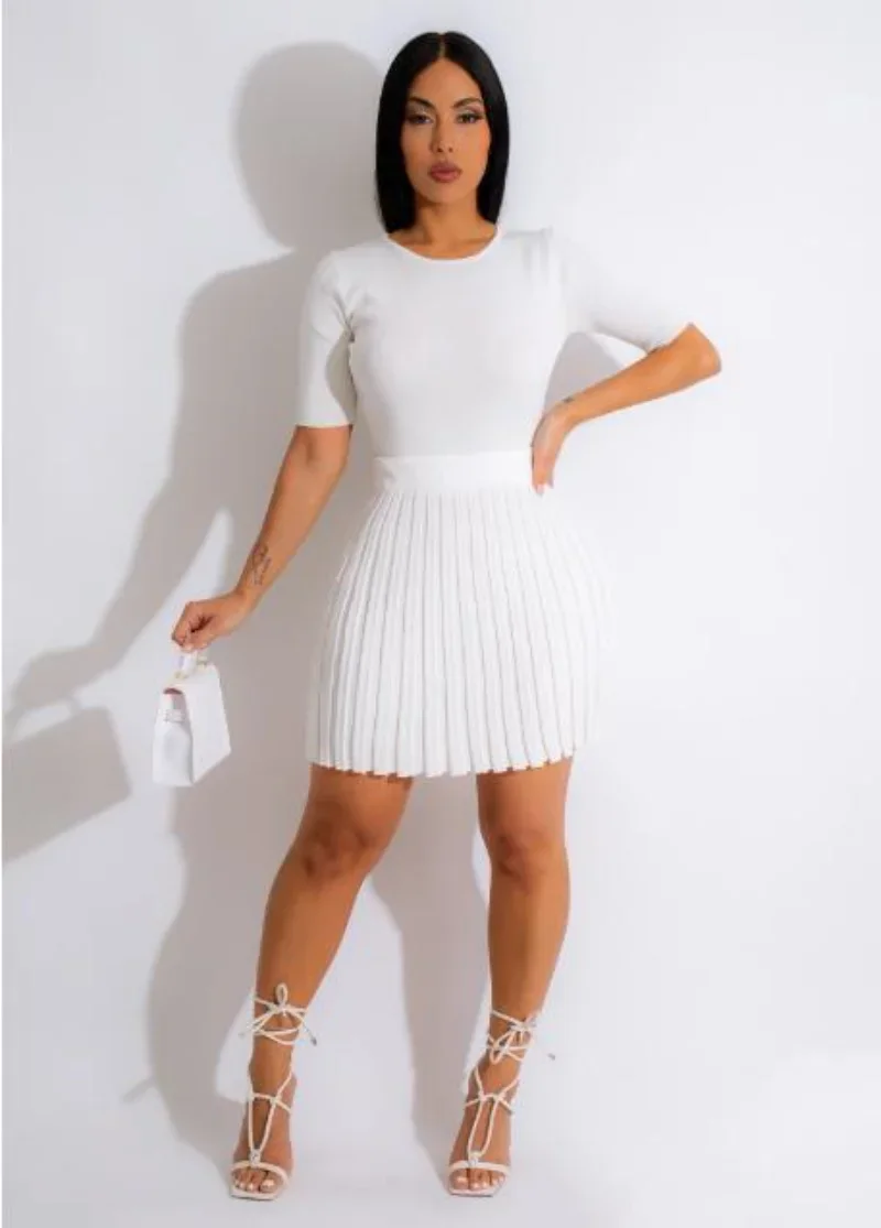 BWQ Women Knit Ribbed Pleated High Waist Skirts Set and Short Sleeve T-shirt Matching Two 2 Piece Set Dress Outfits 2024