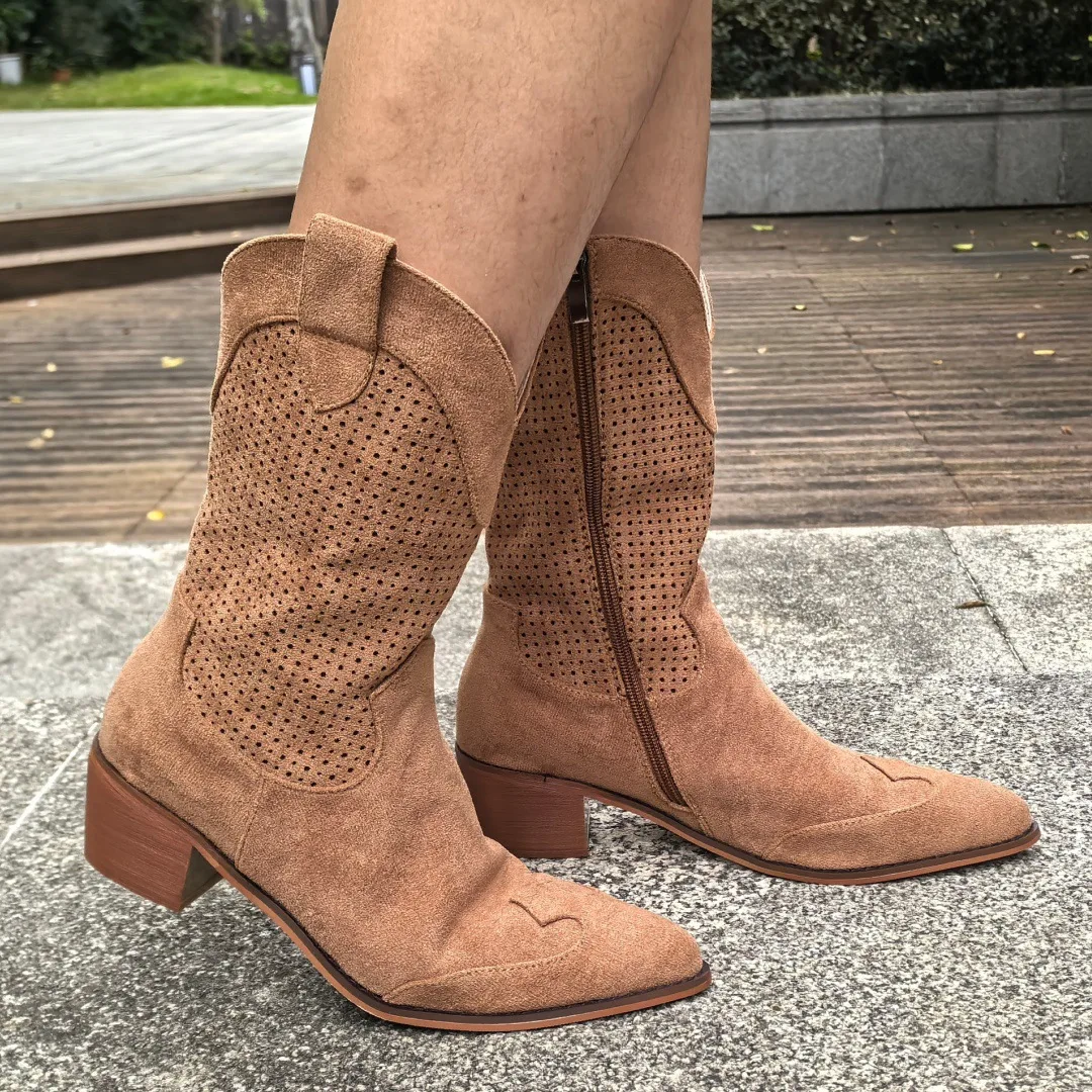 

Faux Suede Middle Heel Low Tube Boots Women Autumn Winter Flock Hollow Breathable Pointed Toe Mid-calf Boots Woman Plus Size 45