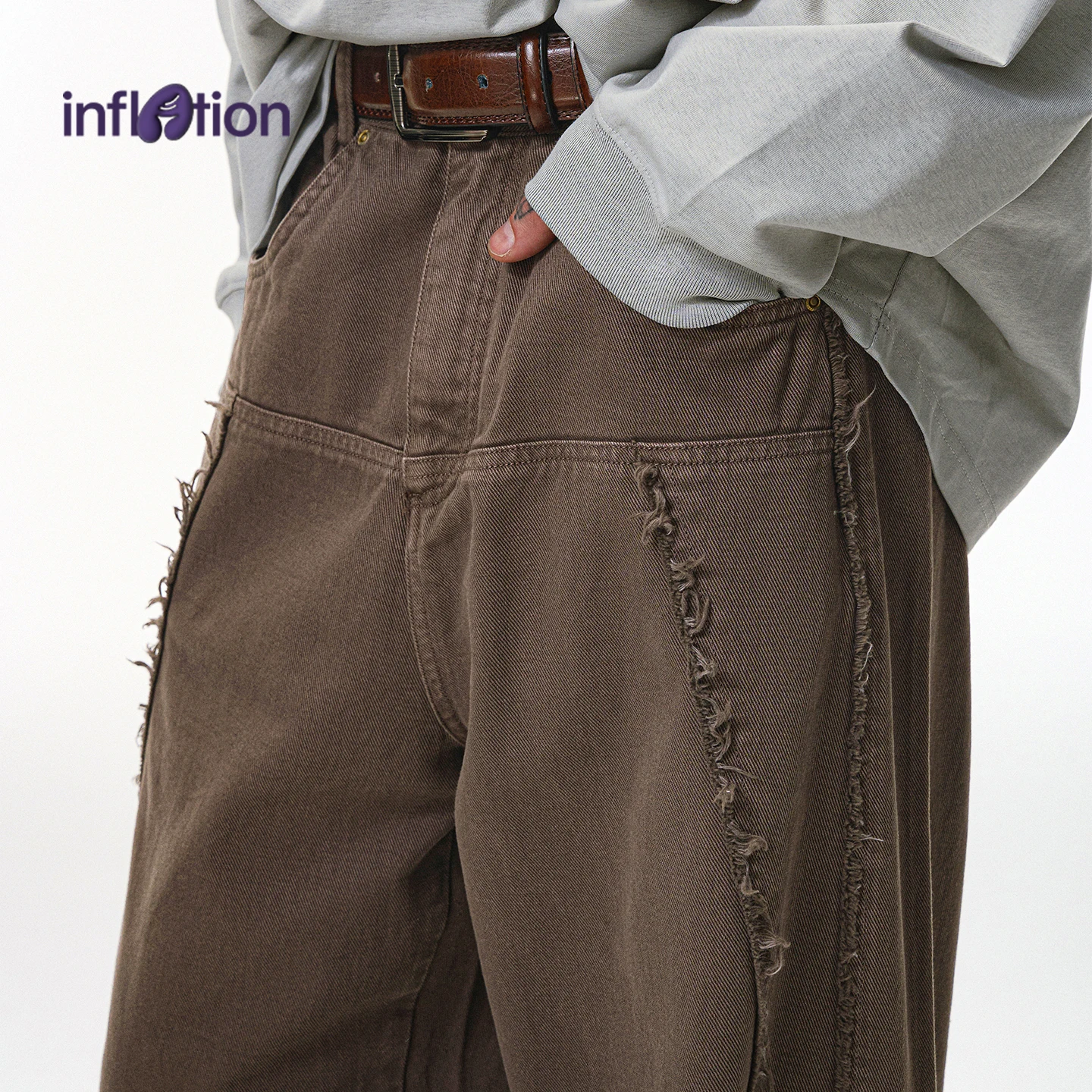 

INFLATION Men Washed Cargo Pants Fall 2025 Streetwear Distressed Raw Hem Vintage Destroyed Casual Trousers