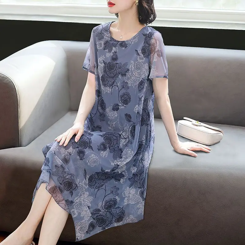 

2024 New Flower Chiffon Retro Medium Long Dress Elegant Women's Office Women's Printed Tank Top Dress Summer Party Slim Fit L50