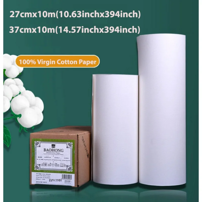 

BAOHONG Watercolor Paper Roll 300g Natural White 100% Cotton 10.6/14.6in*394in (27/37cm*10m) Paper for Watercolor Can Be Cut