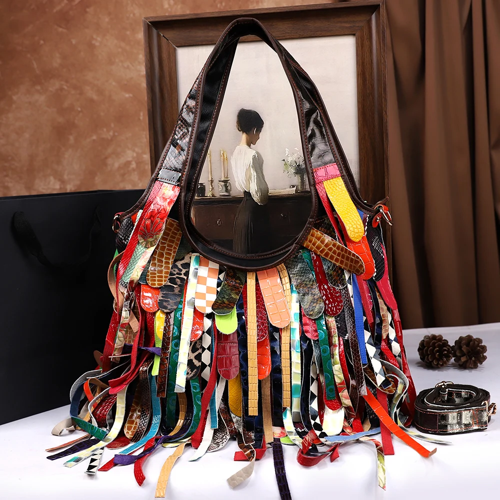 

2025 Новая женская сумка ручной работы из натуральной кожи с бахромой, сумка с цветными блоками, большая вместительная сумка через плечо на одно плечо