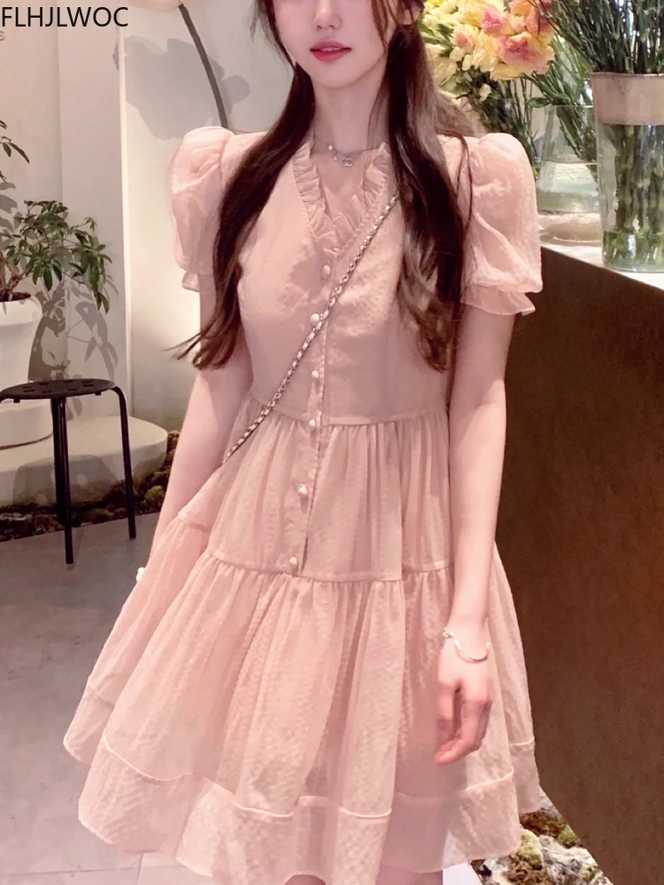 Korea Chic Dress 2022 Summer Holiday Date Girls V Neck Sweet Romantic Pink Women Lace-Up Ruffles Button Shirt Dresses