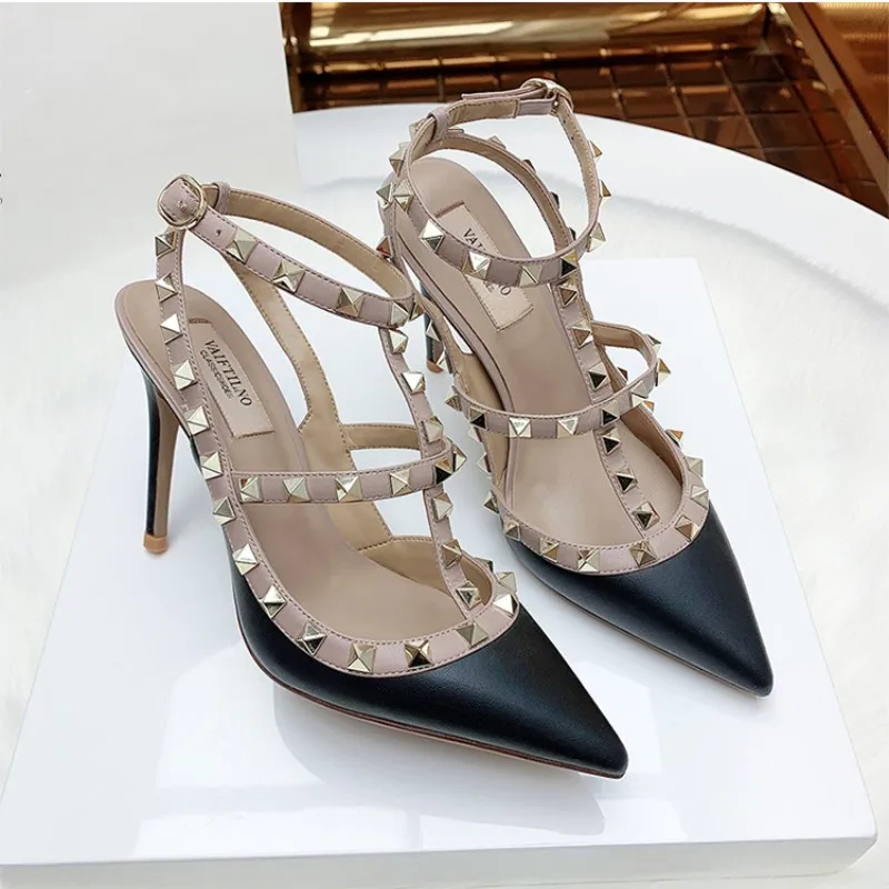 Genuine Leather Women High Heels Sandals 2024 Trend Summer Rivets Sequin Pointed Pumps Sexy Classic Girl Sandals Wedding Shoes