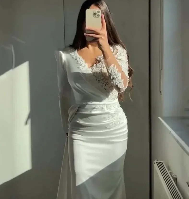 

Белые арабские вечерние платья Aso Ebi с пышными рукавами и аппликациями из бисера с v-образным вырезом, атласные женские платья русалки для выпускного вечера, вечерние платья