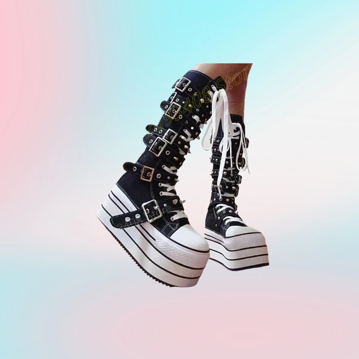 Colorful Buckle Belts Rivets Punk Style Mid Calf Boots Round Toe Thick Soled Front Lace-up Fashion Women Shoes 2024 Para Mujere