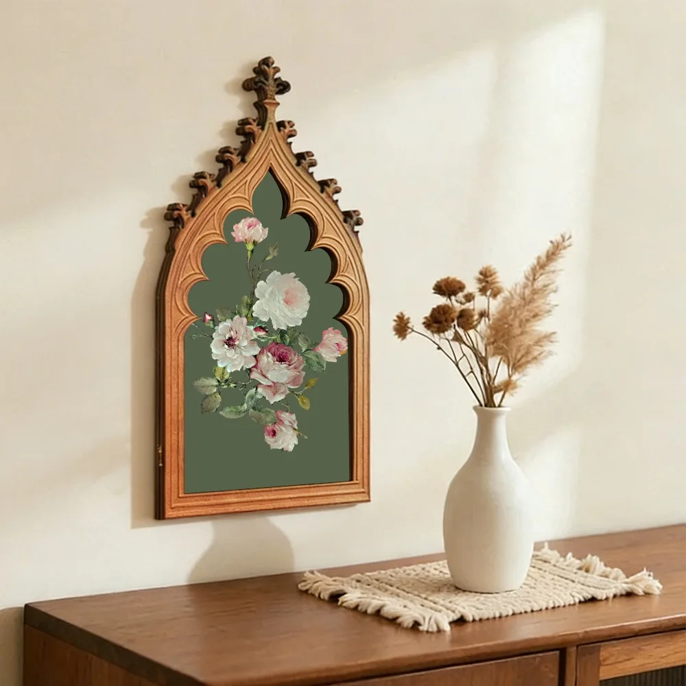 Cross-Border Gothic Church Window-Shaped Vintage Rose Wooden Wall Plaque For Dark Retro Home Wall Decoration Scenario