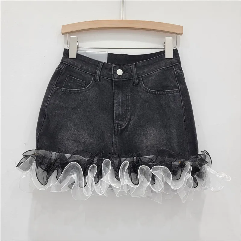 Denim Skirts Ruffle Mesh Patchwork Women Summer Fashion Contrast Color Slim A Line Jeans Skirts Wrap Hip Mini Skirt Female