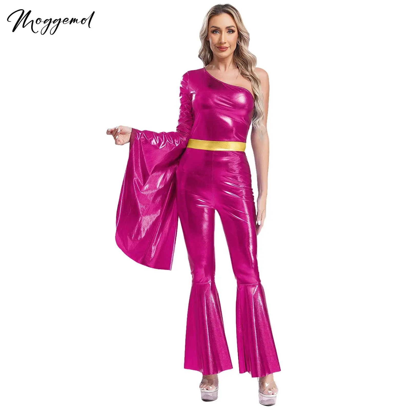 Fantasia feminina de discoteca dos anos 70, balé, jazz, dança, um ombro, body queimado, brilhante, metálico, carnaval, macacão, roupa de dança