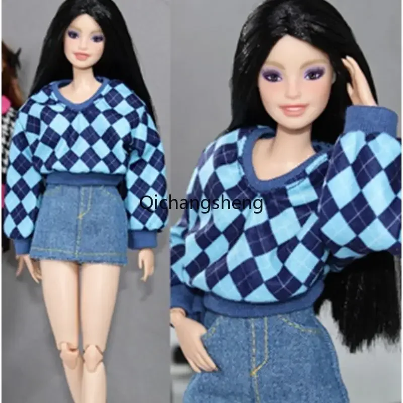 Fashion Blue Plaid 1/6 Doll Clothes Set For Barbie Outfits Shirt Jeans Skirt For Barbie Clothing 30cm Dolls Accessories Girl Toy