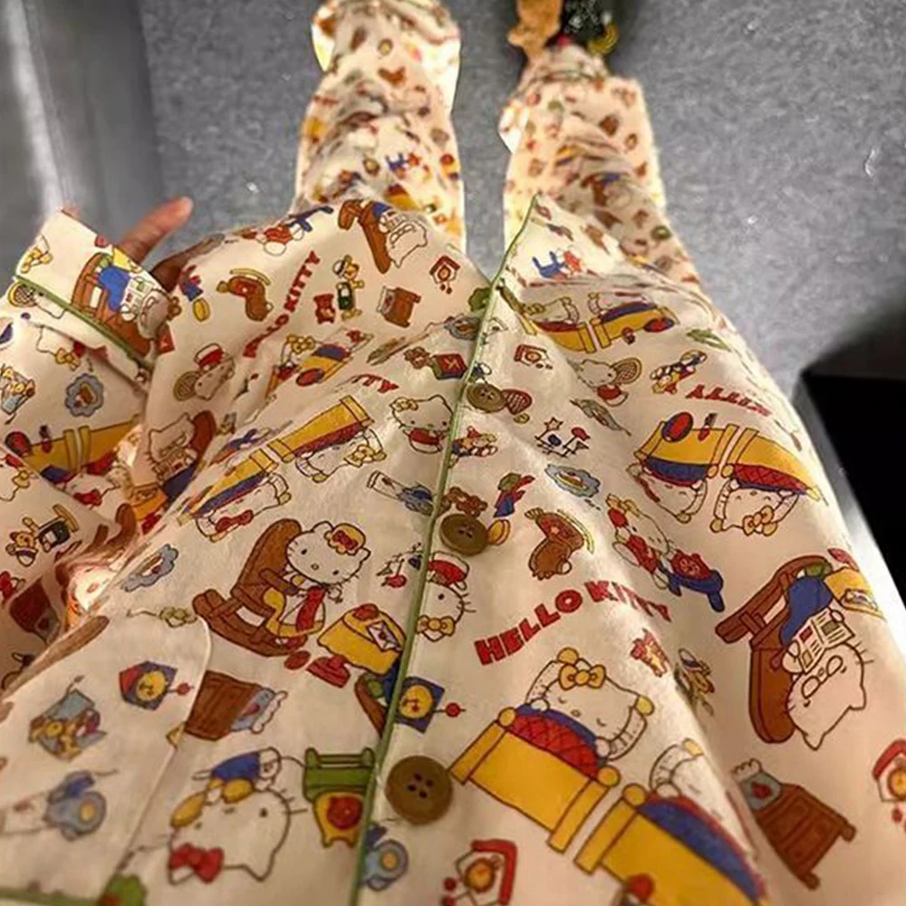 

Anime Plus Size Kawaii Cartoon Hello Kitty Girls Pajama Set Sanrio Flip Collar Long Sleeves Casual Woman Pjs Soft Thin Homewear
