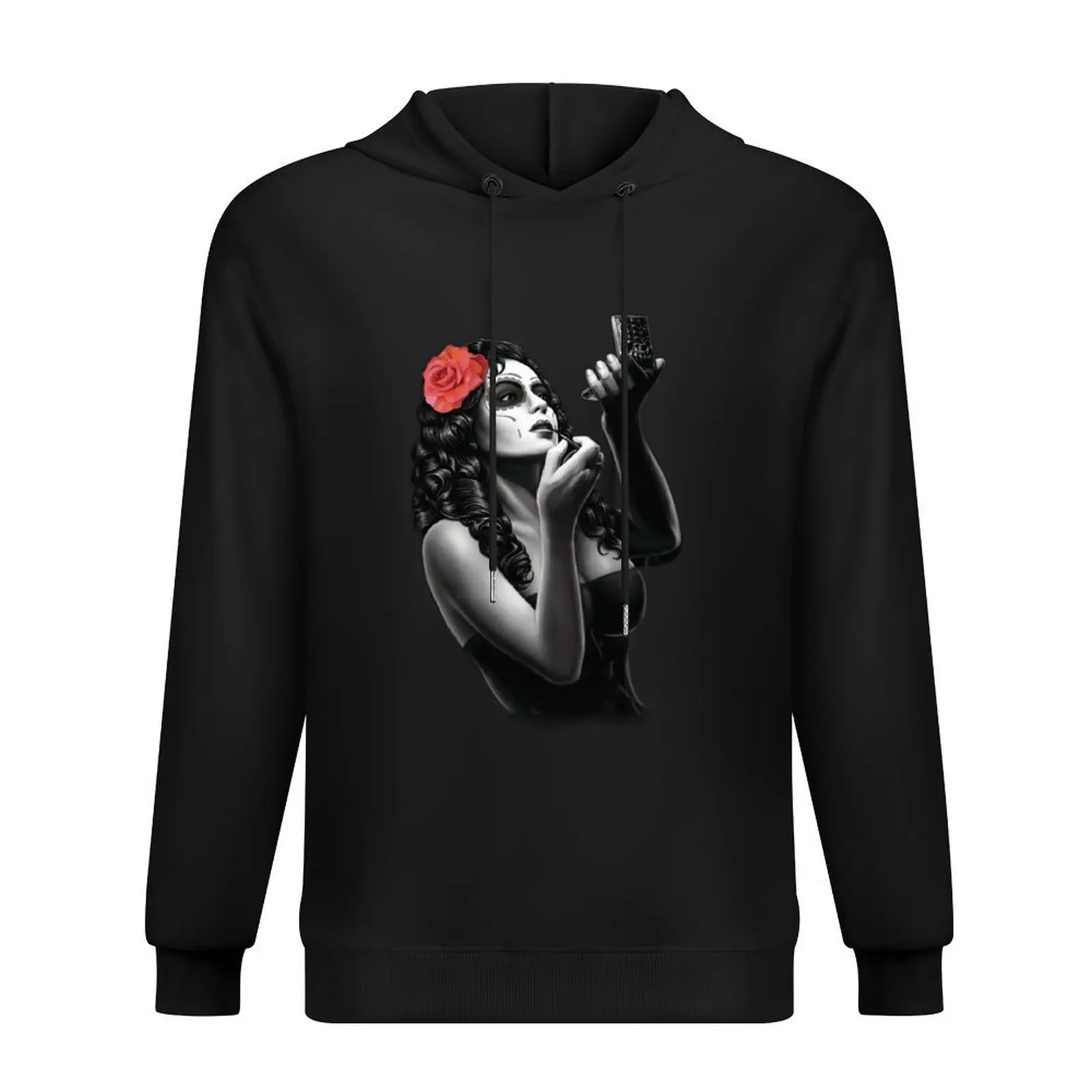 

sugar skull tattoo girl with red rose art Hoodie japanese style mens clothes autumn clothes hoodie graphic