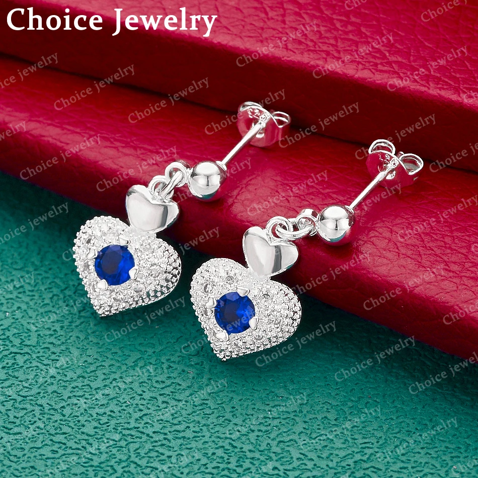 925 Sterling Silver Blue Zircon Love Heart Stud Earrings For Women Fashion Jewelry Charm Grace Wedding Accessories