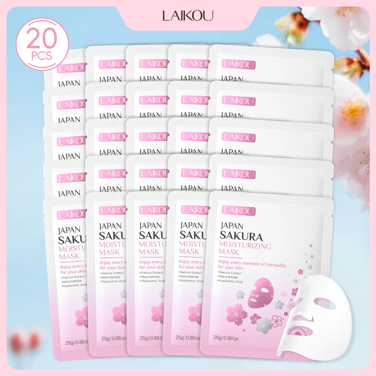 LAIKOU Japan Sakura Moisturizing Facial Mask Sheet 20 Pcs, Holiday Skincare Gift for Women, Deep Hydrating Face Masks to Smooth