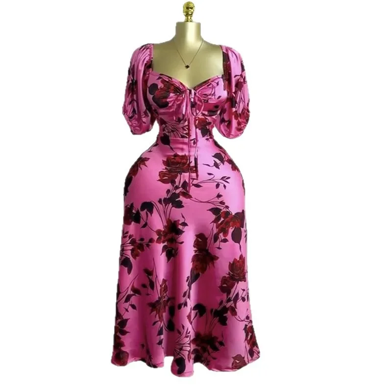 Frauen Floral Bedruckte Laterne Halbe Hülse Krawatte Up Lange Maxi Kleid 2025, Geburtstag Abend Sexy Club Party Kleider Vestidos