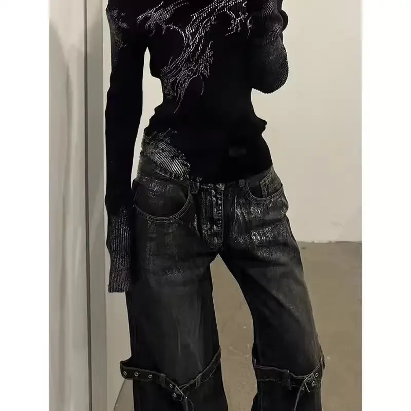 HOUZHOU Y2K Gothic Jeans Frauen Schwarz Vintage Hohe Taille Hip Hop Gerade Hose Harajuku Stern Streetwear Breite Bein Denim Hosen