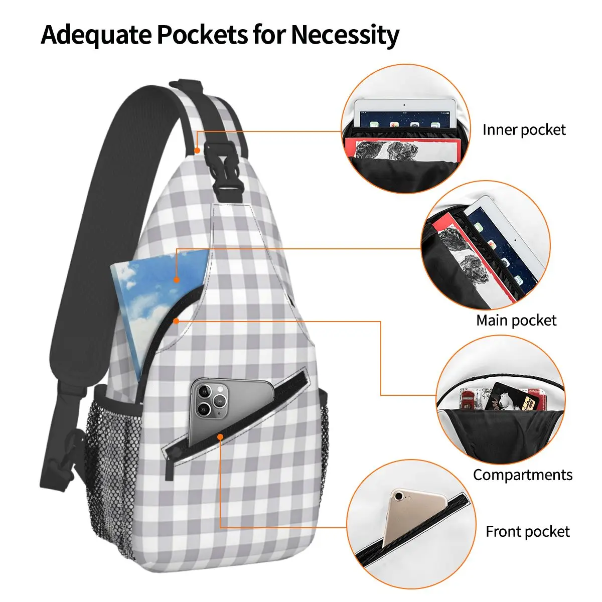Gray And White Gingham Chest Bag Men Sling Crossbody Backpack Chest Bag Traveling Hiking Daypack Shoulder Bag