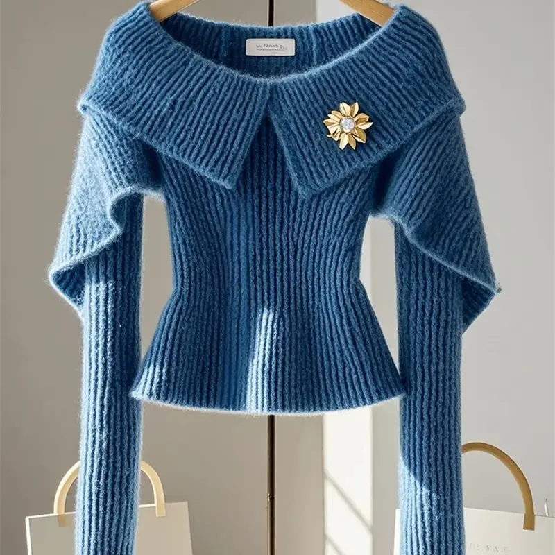 Luxury Patchwork Cashmere Knit Sweater Women Autumn Winter Chic Off Shoulder Wool Pullover High End Blue Soft Knitwear Slim L092