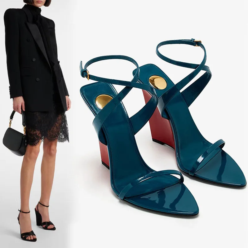 

Sexy Pointed Open-Toe Wedge Color Matching High Heels Buckle Strap Roman Sandals Large Size Catwalk Party Women Shoes Sandalias