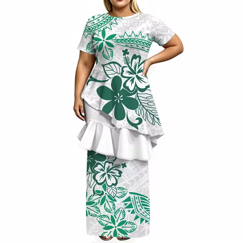 Green White Hibiscus Tribal Floral Print Plus Size Women 2 Piece Set Puletasi Asymmetrical Ruffle Top Long Skirt Matching Outfit
