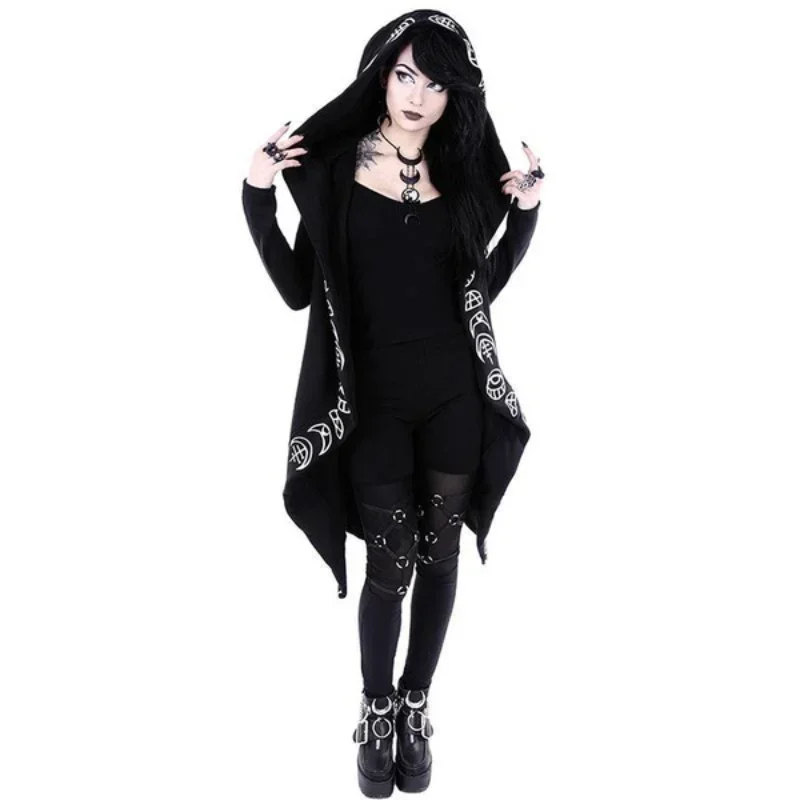 2024 Women's Punk Moon Pattern Printed Long Sleeve Cardigan Sweater Long