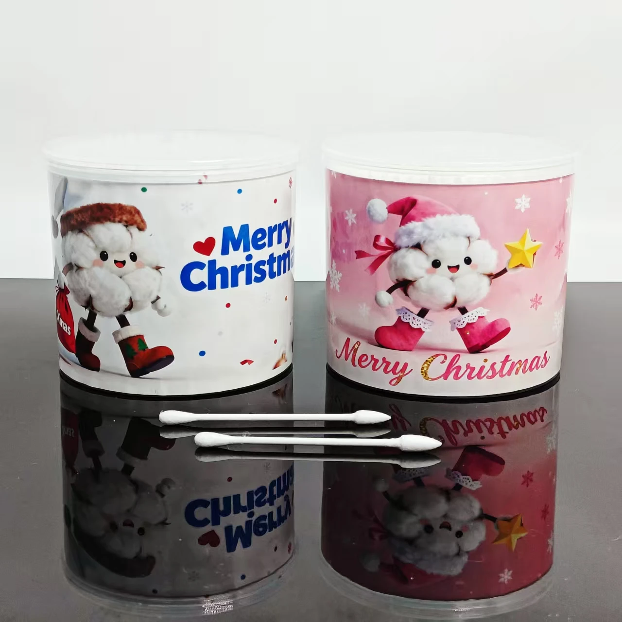 600개 크리스마스 테마 양면 둥근 끝 성인용 면봉, 창의적인 크리스마스 요소 면봉 스틱