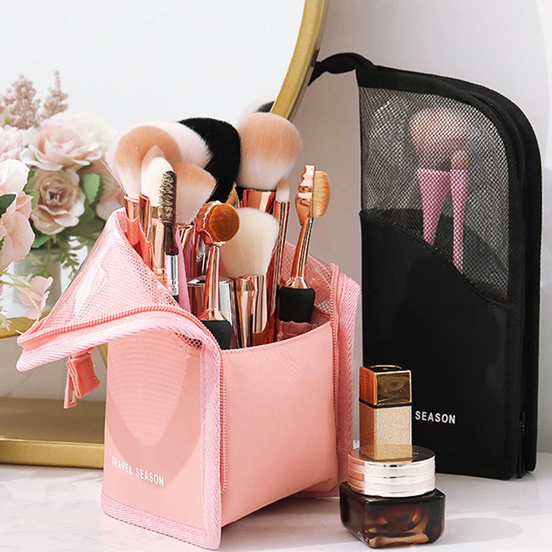 Tas penyimpanan kuas Makeup Desktop, tas perlengkapan mandi pensil alis, tas penyimpanan kapasitas besar, perjalanan portabel gaya sederhana desain ritsleting