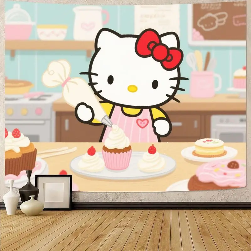 

1 шт. Sanrio Hello Kitty Kawaii гобелен для выпечки кексов, розовый эстетический кухонный настенный рисунок, современный полиэстер, декор комнаты, подарок для фаната
