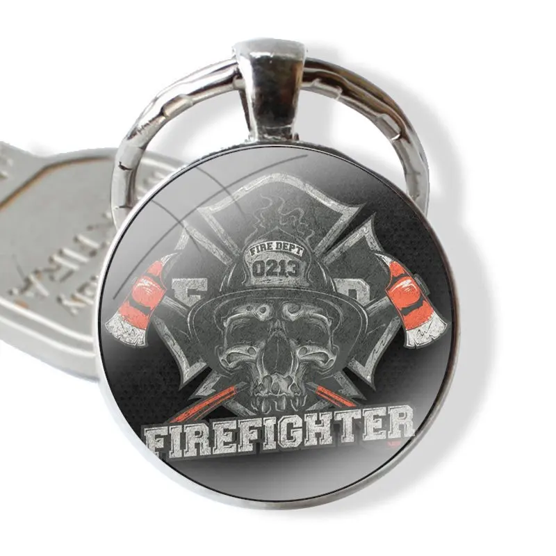 Firefighter Heroes Fireman Cartoon Design Fashion Creative Keychain Handmade Glass Cabochon Key Ring Holder Pendant Key Chains