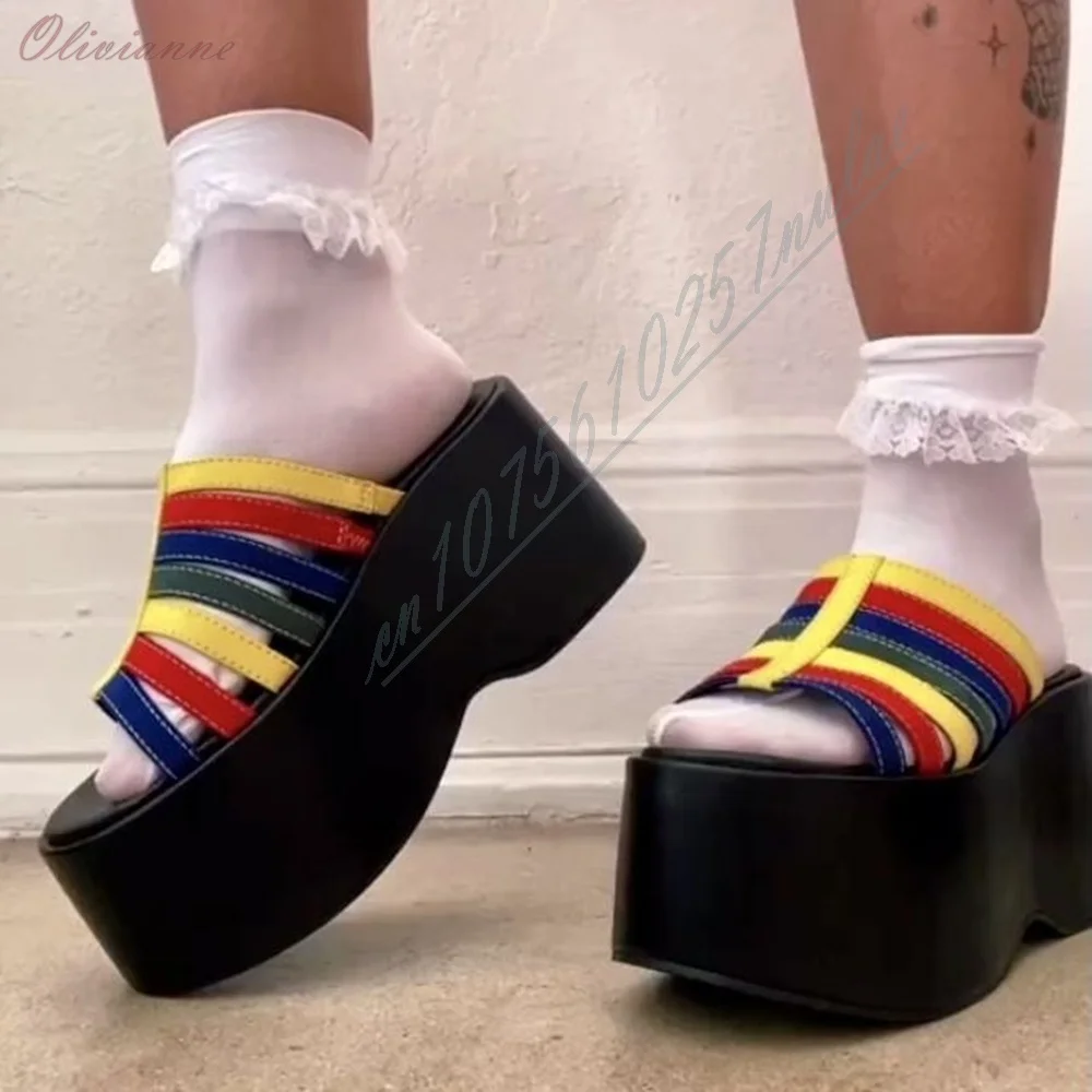 

Rainbow Multi Strap Platform Slide Sandals Black Wedge Platform Open Toe Slip On Y2K Street Punk Casual Women Mules Slippers