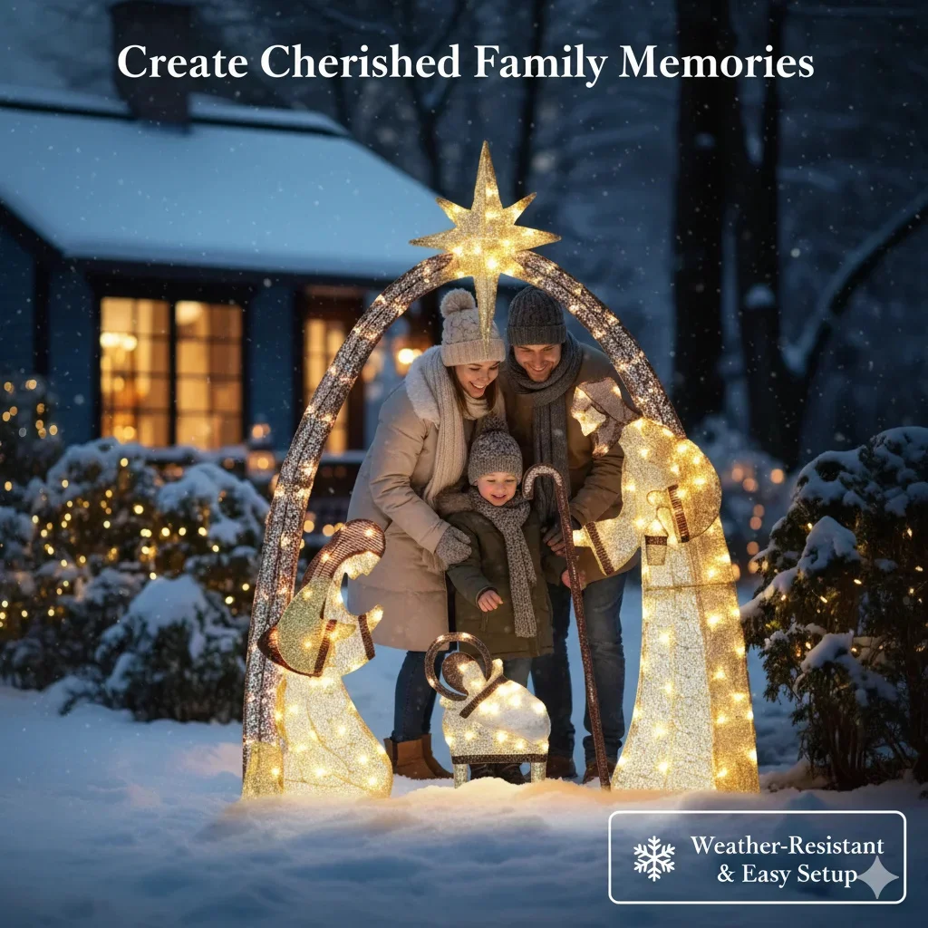 5.5FT عيد الميلاد مشهد المهد ديكور خارجي مع أضواء LED، مقاوم للماء مضاء عطلة العرض لساحة، الحديقة، الشرفة المنزل