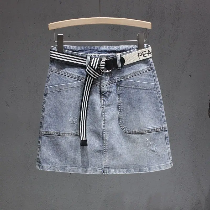 

Anti-exposure denim skirt female 2024 summer A-shaped short skirt high waist Joker fashion casual pocket slim skirt