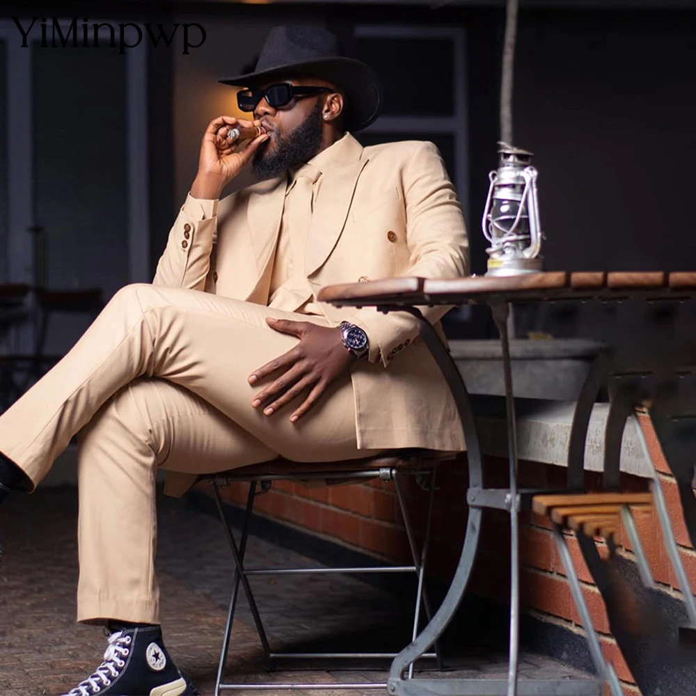 

YiMinpwp Ivory Men's Suits Set Satin Formal Business 2 Pieces Peaked Lapel Formal Wedding Party Groom Suit Jacket+Pants XS-5XL