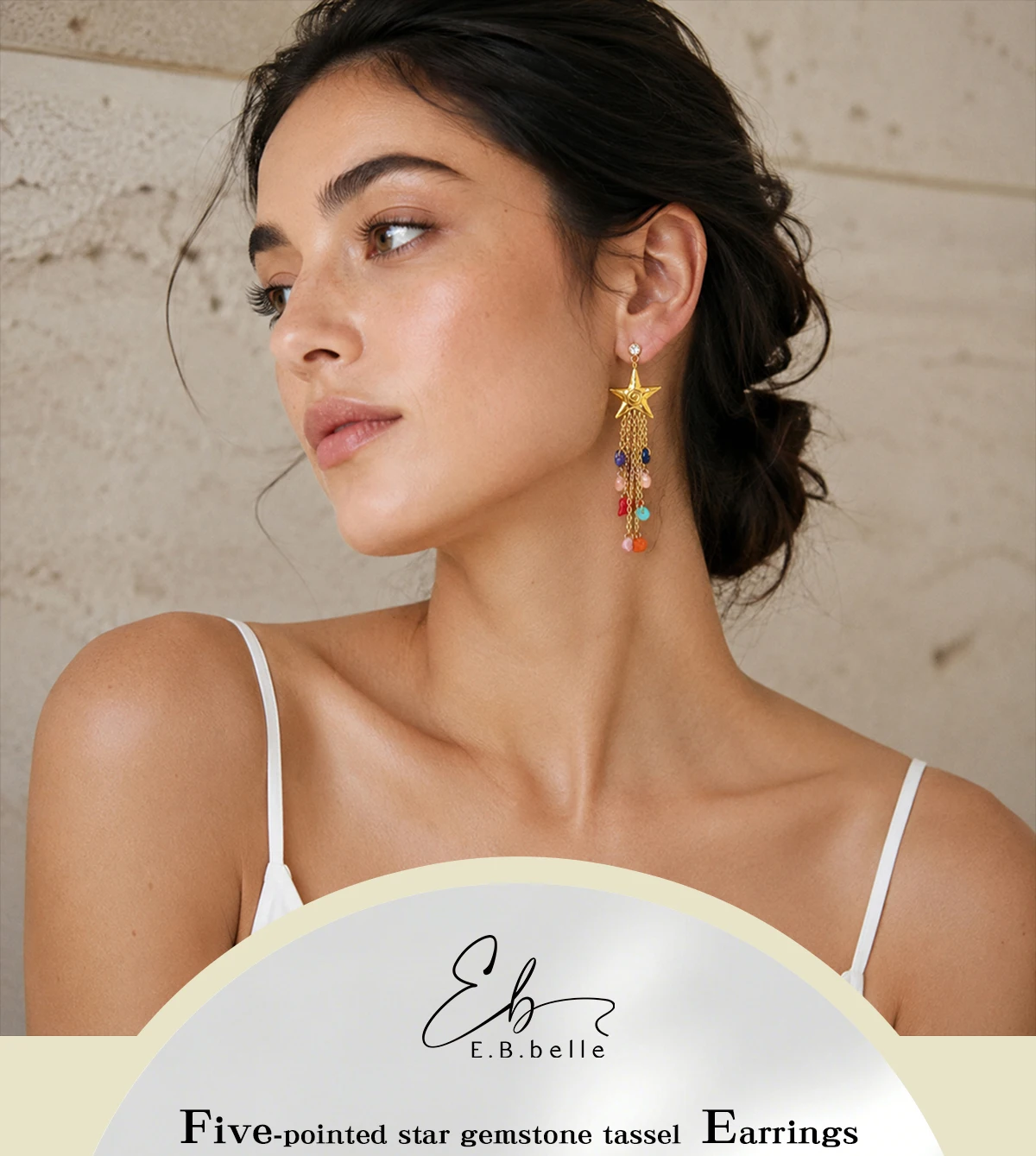 E.B.belle Minimalistische Strukturierte Stern-Ohrstecker mit Bunten Quasten, Hypoallergene 18K Vergoldete Ohrringe, Sommer-Modeschmuck – Detail 1