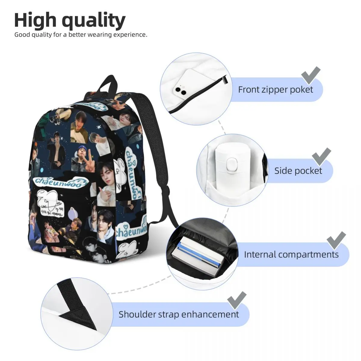 Cha Eunwoo-Mochila estrela da série verdadeira beleza para homens e mulheres, casual, colegial, mochila empresarial, laptop, computador, bolsas de lona, presente