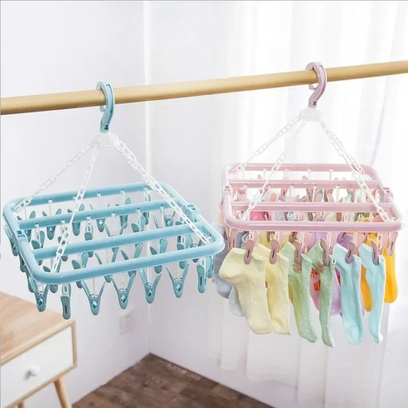 

32 Clips Plastic Drying Rack Home Storage Folding Hanger Children Adults Clothes Dryer Windproof Organization Hanging Racks