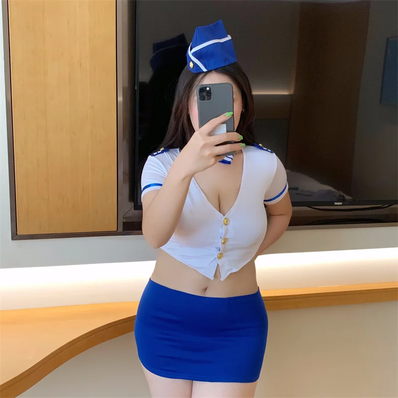 Plus Size Women Sexy Flight Attendant Suit Exotic Cosplay Costumes Crop Top Stewardess Schoolgirl Uniform Erotic Role Play