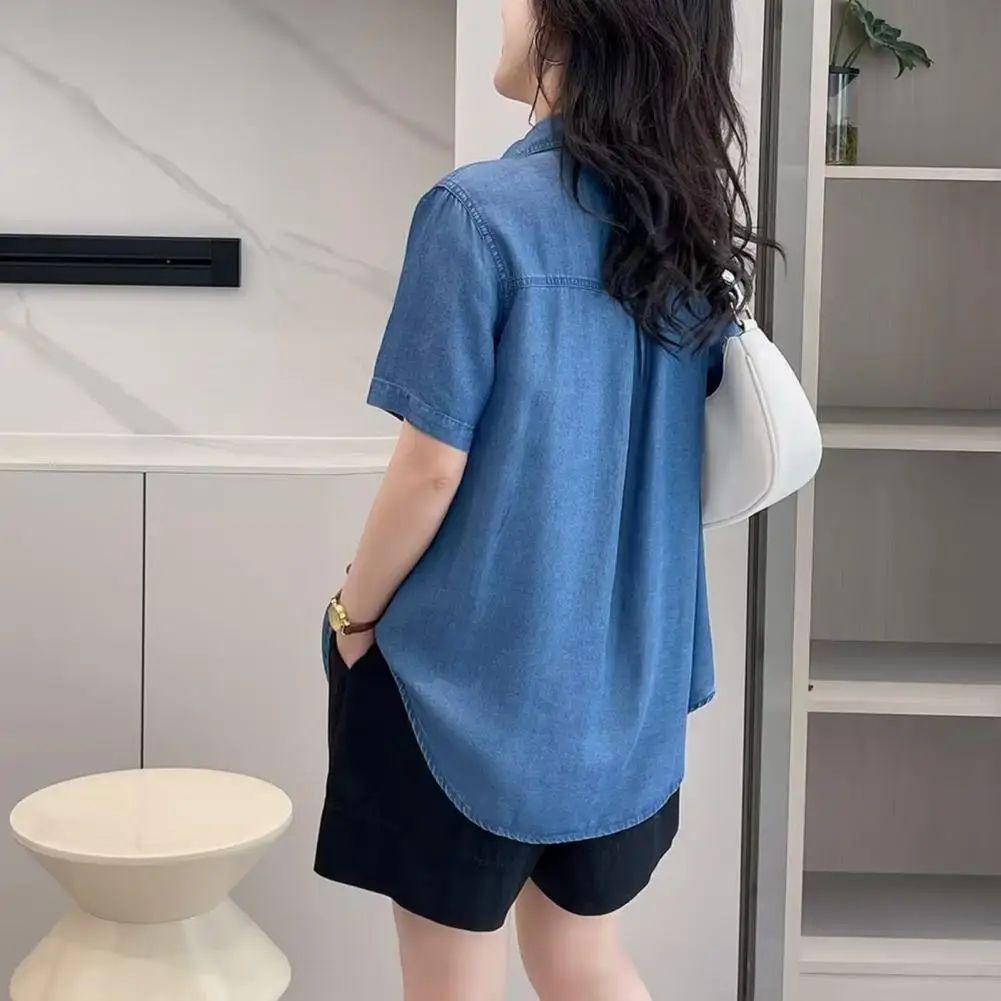 Loose Fit Denim Shirt Stylish Women's Denim Shirt Lapel Short Sleeve Multiple Pockets Retro Single Breasted Design for Women