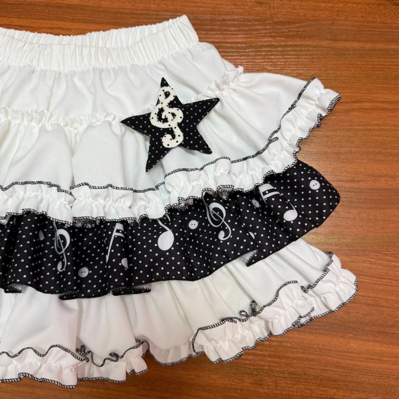Sweet Kawaii Harajuku Ruffled Cake Mini Skirt Women Polka Dot Musical Note Star Appliques High Waist Slim Fit Casual Daily Outfi