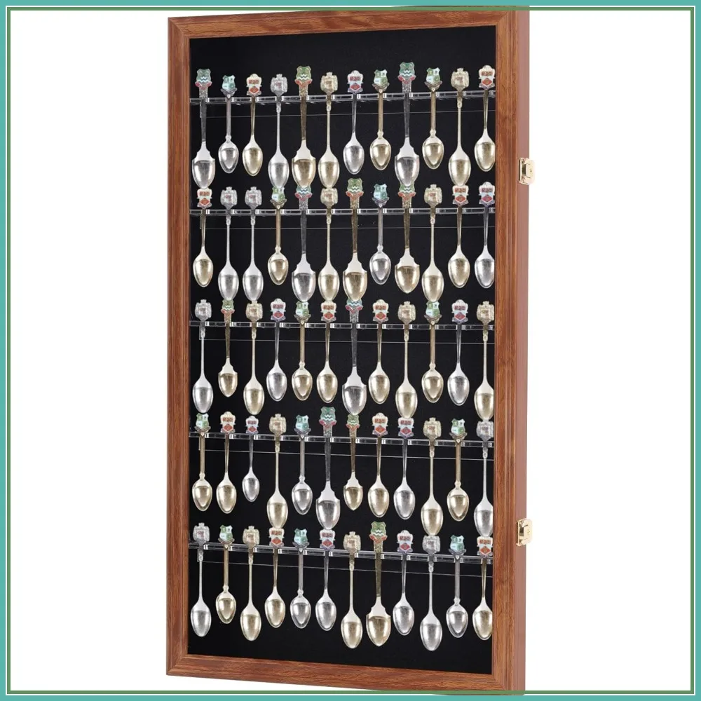 60-Spoon Display Case Rack Holder, UV Protection Lockable Walnut Wall Cabinet for Souvenir & Tea Spoons