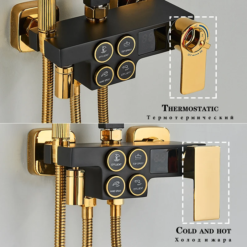 Imagem -04 - Conjunto de Chuveiro de Latão de Parede com Botão Display Digital Sistema Termostato Preto e Dourado Funções Banheiro