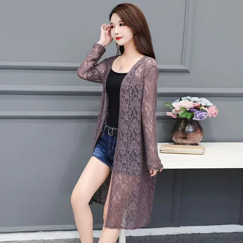 L-5XL Size Summer Lace Cardigan Women Long Net Yarn Sunscreen Jacket Casual Sun Protection Thin Long Sleeve Women Coat